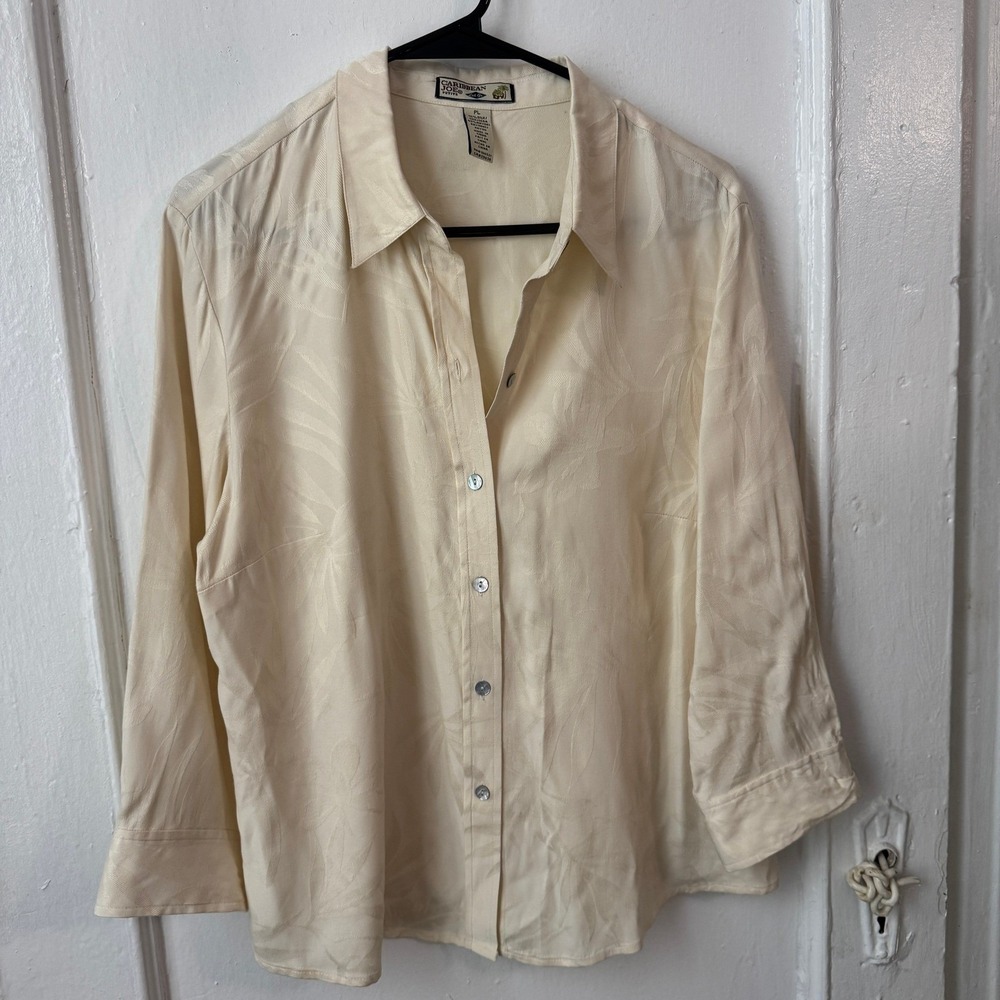 Piratecore‎ Angel Silk Linen Tropical Jacquard Resort Wear Shirt Cream modest PL